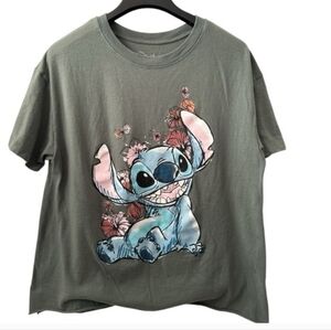 XL • Disney • Olive Green Graphic Tee with Stitch and Floral Design